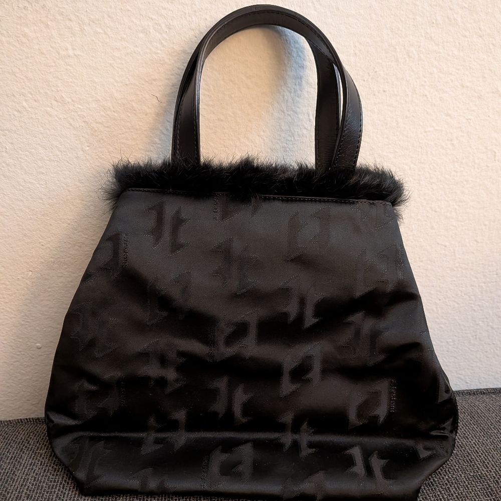 a. testoni Satin Purse with Leather and Fur Trim Made in Italy